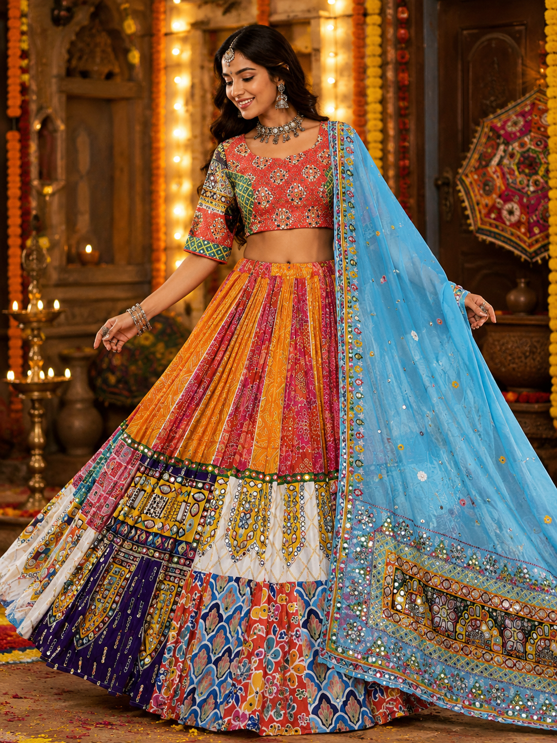 Pink - Orange Mirror Work Navratri Lehenga Choli