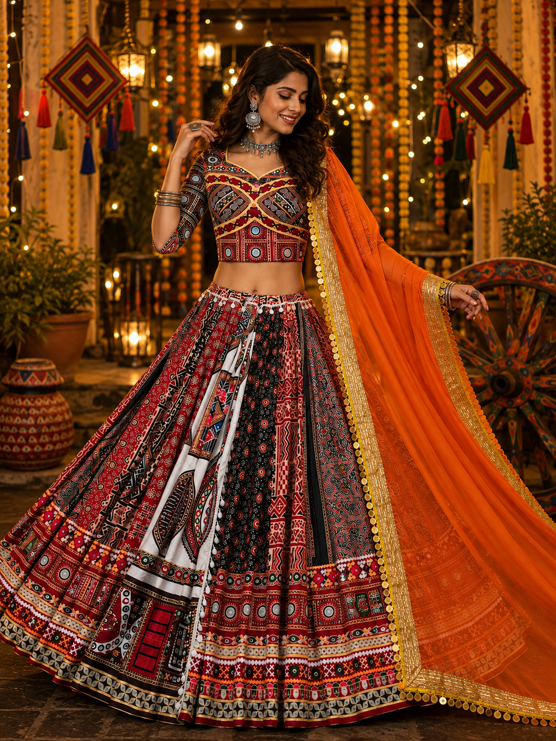 Red-Black Ajarkh Printed Mirror Work Navratri Lehenga Choli
