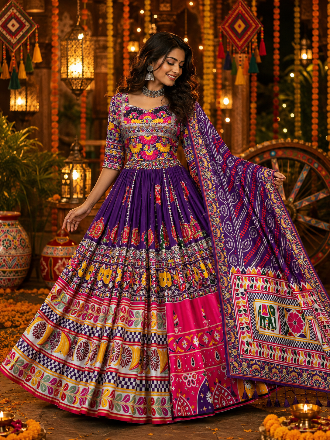 Purple-Pink Mirror Work Muslin Navratri Lehenga Choli