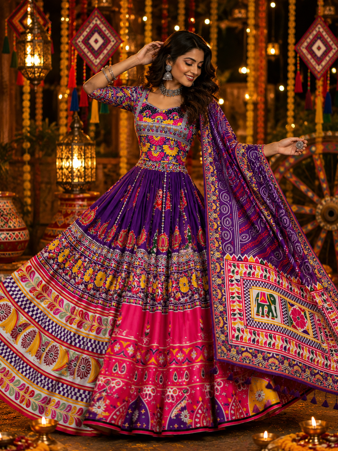 Purple-Pink Mirror Work Muslin Navratri Lehenga Choli
