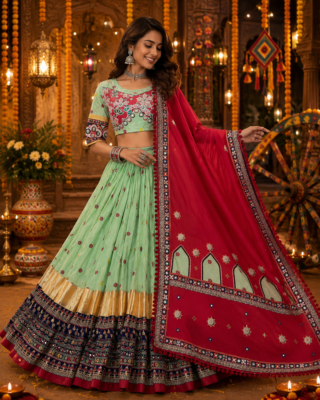 Pista Green Mirror Work Navratri Lehenga Choli