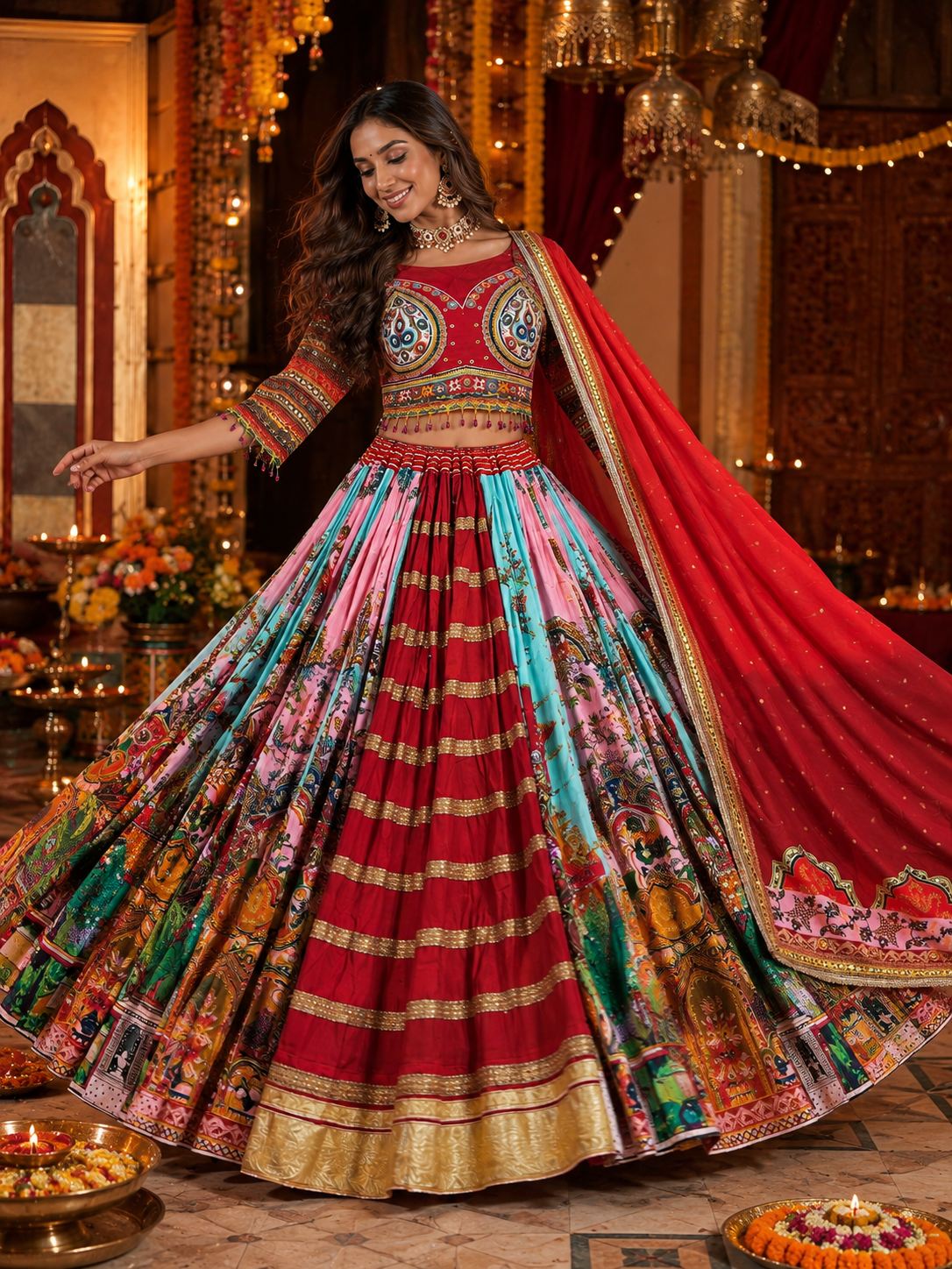 Multi Digital Printed Mirror Work Navratri Lehenga Choli