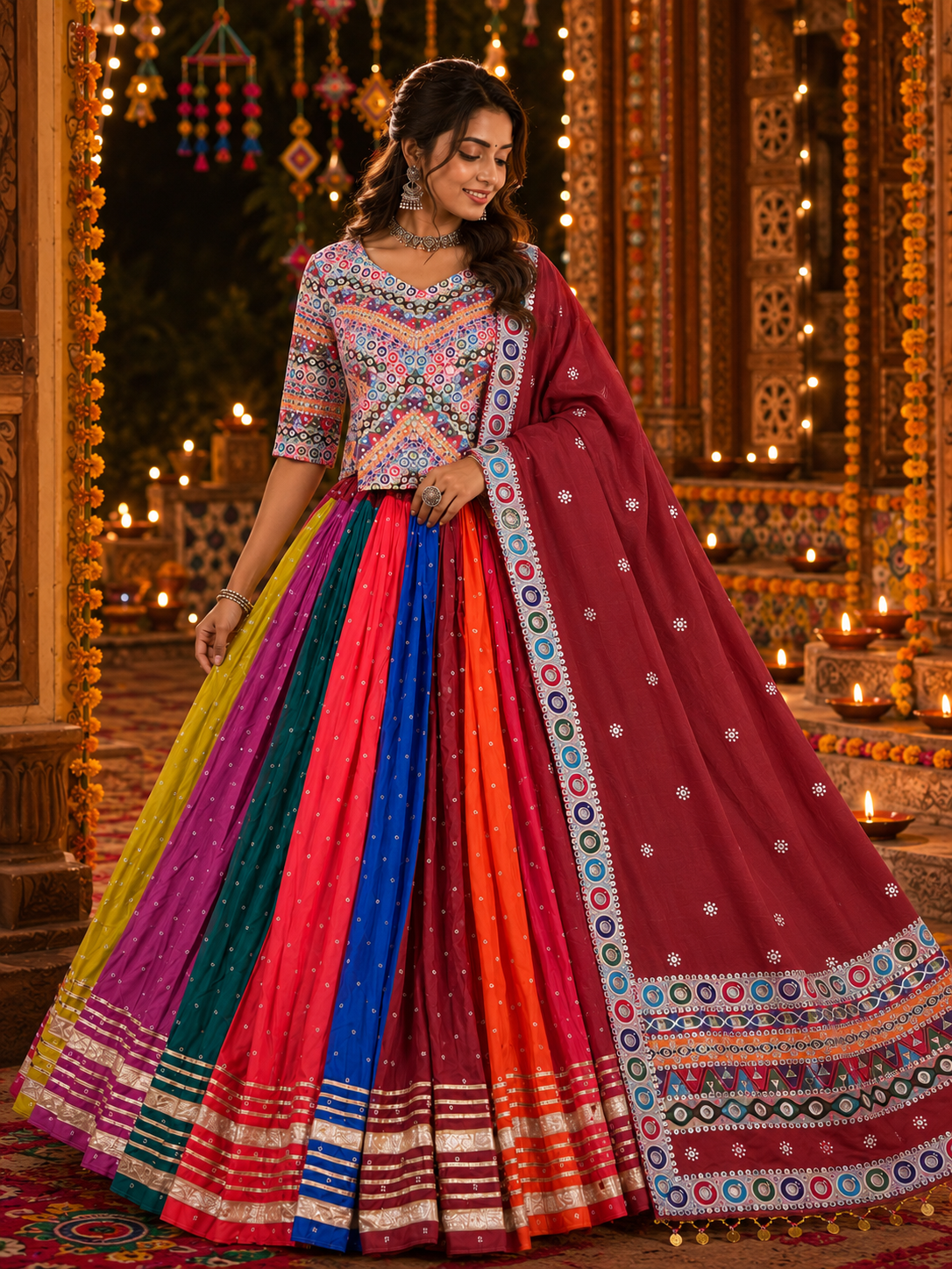 Multi Mirror Work Muslin Navratri Lehenga Choli.