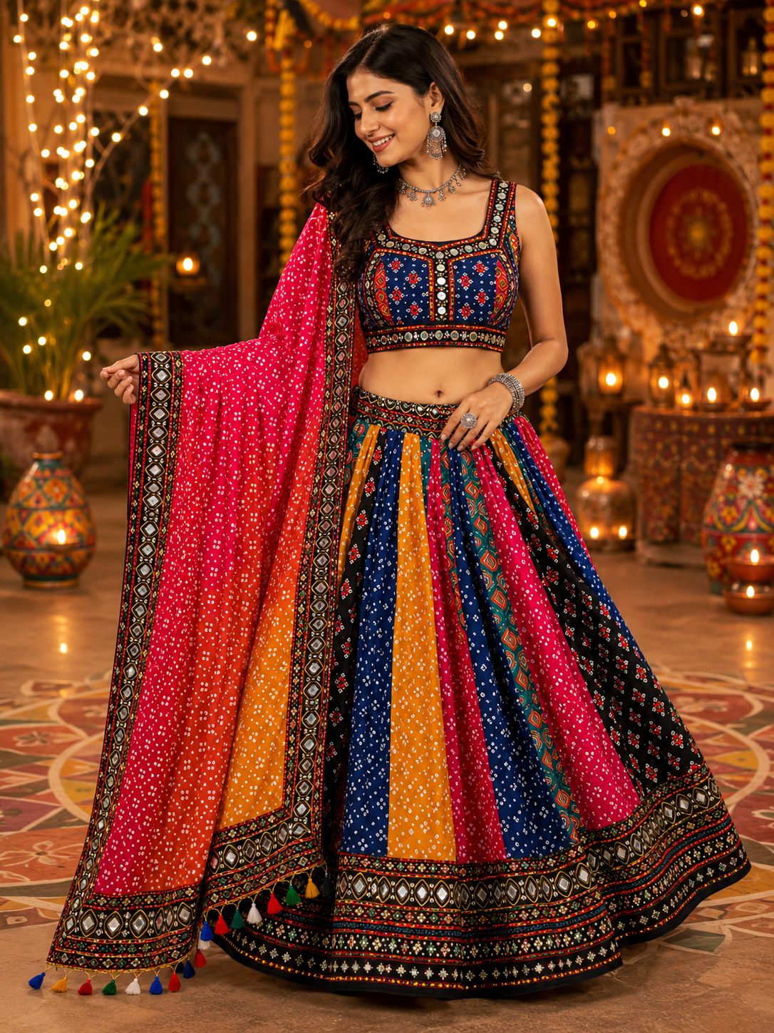 Multi Color Ajarkh Printed Mirror Work Navratri Lehenga Choli