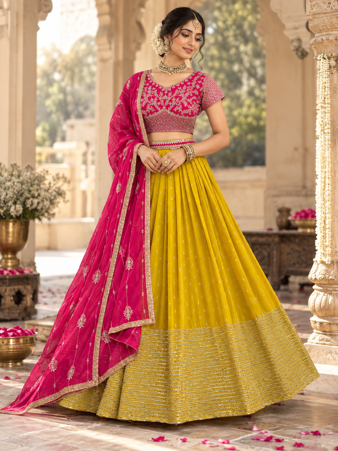 Yellow & Pink Sequin Georgette Lehenga Choli