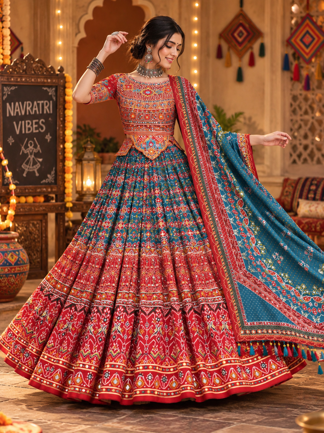 Rama & Red Digital Printed Mirror Work Navratri Lehenga Choli