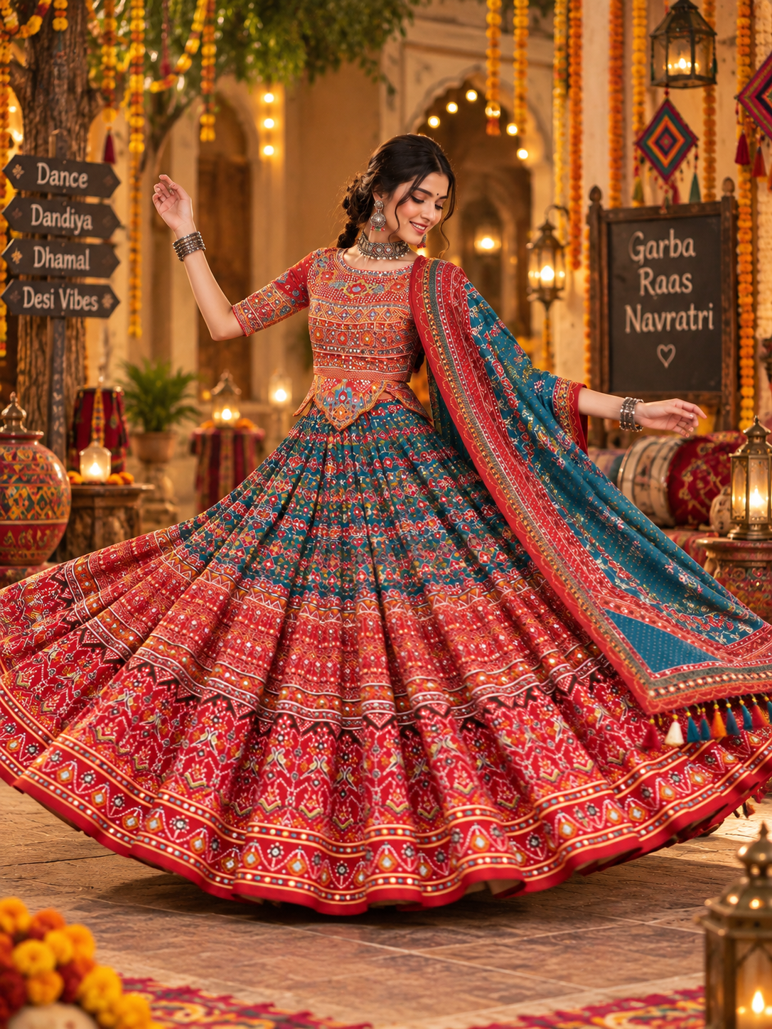 Rama & Red Digital Printed Mirror Work Navratri Lehenga Choli