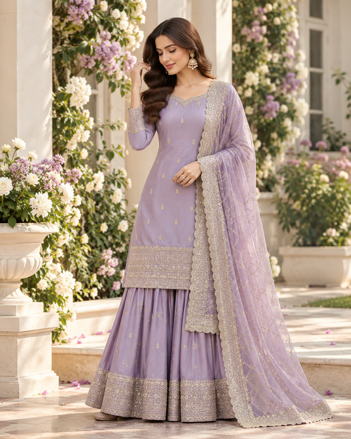 Lavender Embroidery Sequins Sharara Suit with Dupatta