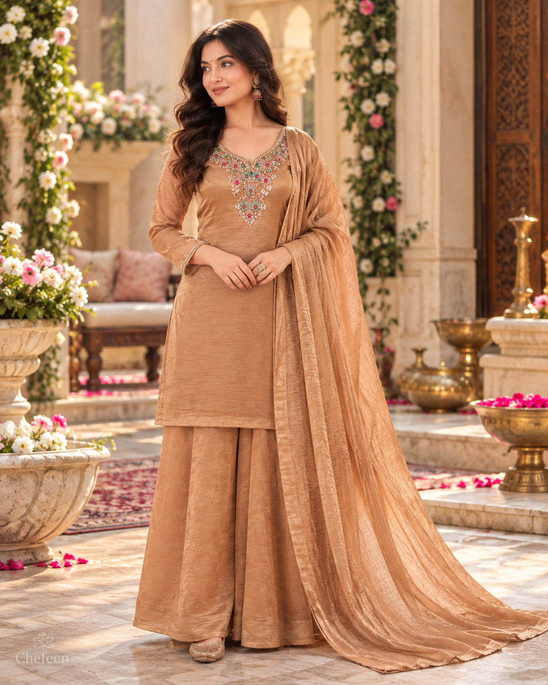 Warm Caramel Gold Embroidered Palazzo Suit
