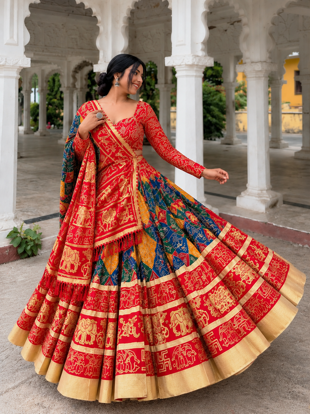 Multi Bandhej Print Mirror Work Navratri Lehenga Choli