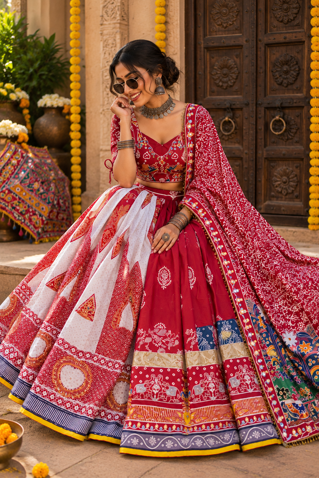 Red - White Mirror Work Designer Navratri Lehenga Choli