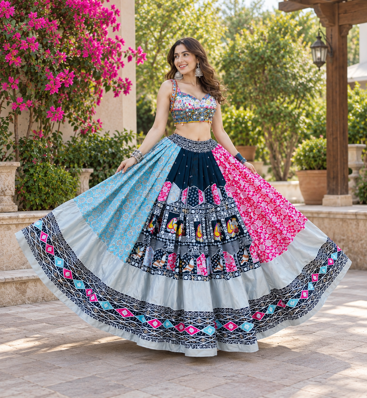 Pink - Dark Green Digital Printed Mirror Work Navratri Lehenga Choli