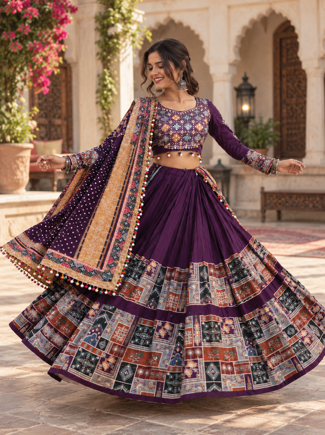 Purple Color Digital Printed Mirror Work Navratri Lehenga Choli