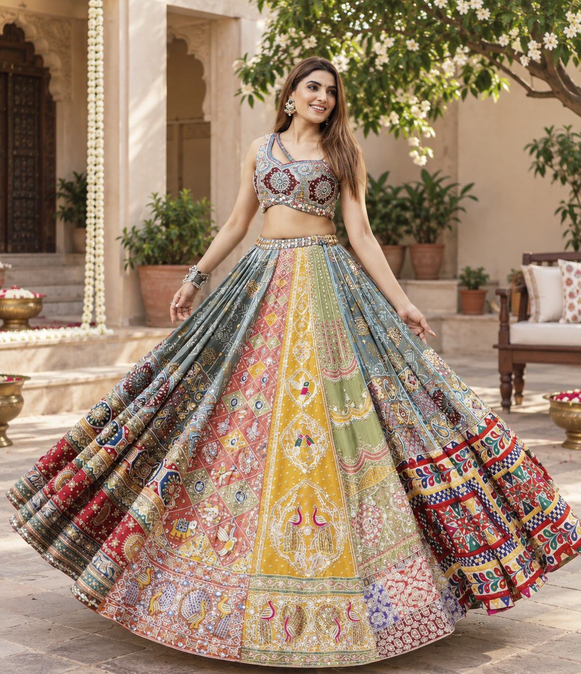 Gray Mirror Work Digital Printed Navratri Lehenga Choli