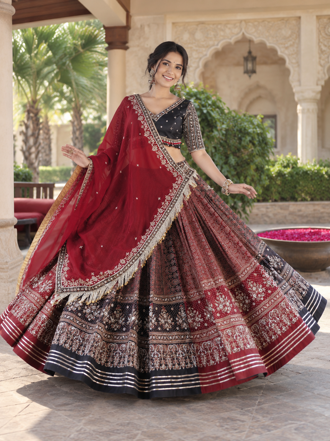 Red Digital Print Mirror Work Cotton Navratri Lehenga Choli