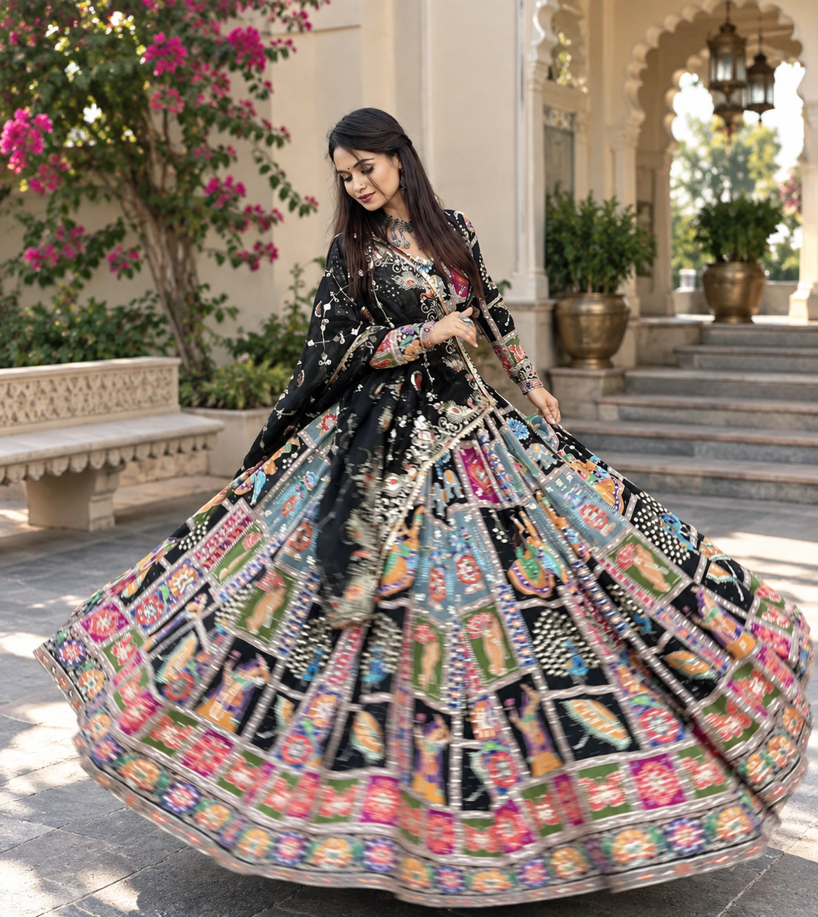 Black Color Digital Printed Mirror Work Navratri Lehenga Choli