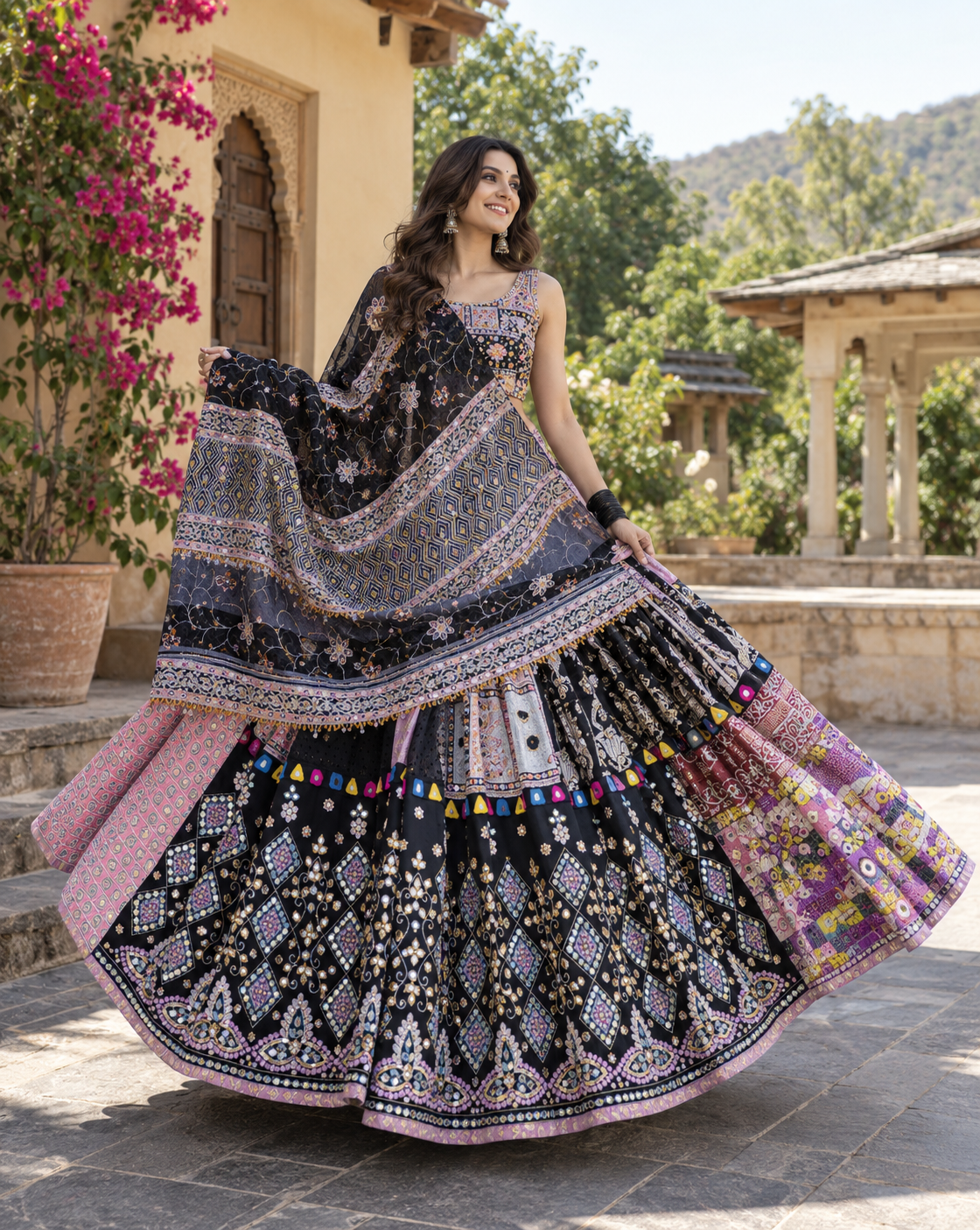 Multi Printed Mirror Work Navratri Lehenga Choli
