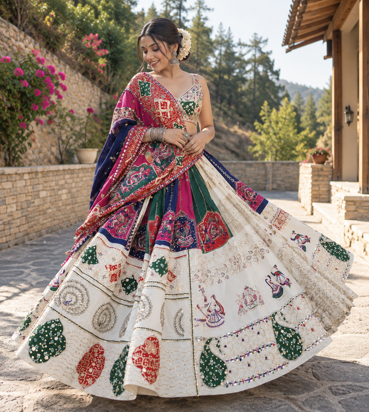 White Multi Printed Mirror Work Navratri Chaniya Choli