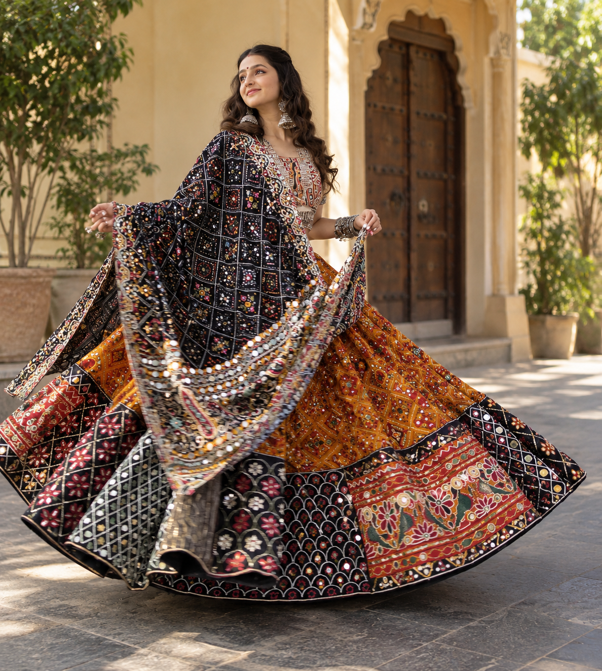 Musterd Yellow Mirror Work Printed Navratri Lehenga Choli