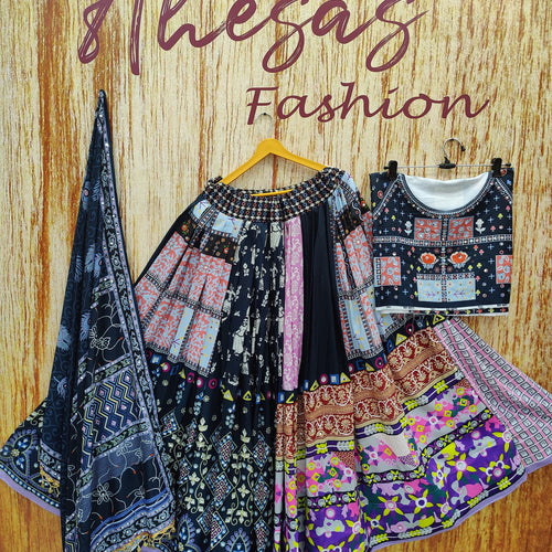 Navy Blue Color Muslin  With Digital Print Real Mirror Lehenga Choli Set