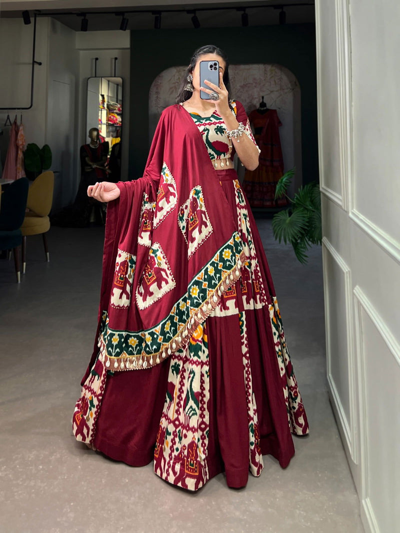 Dark Red Color Pure Reyon With Printed Navratri  Special Lehenga Choli Set - Ahesas