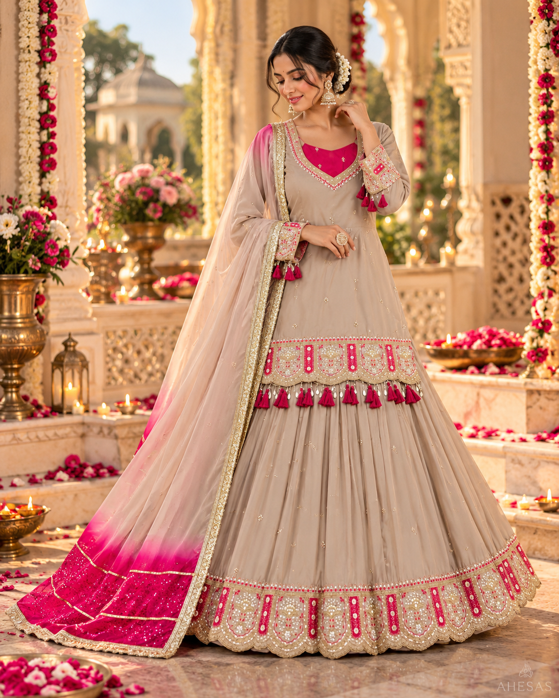 Champagne Beige & Pink Embroidered Lehenga Top with Dupatta