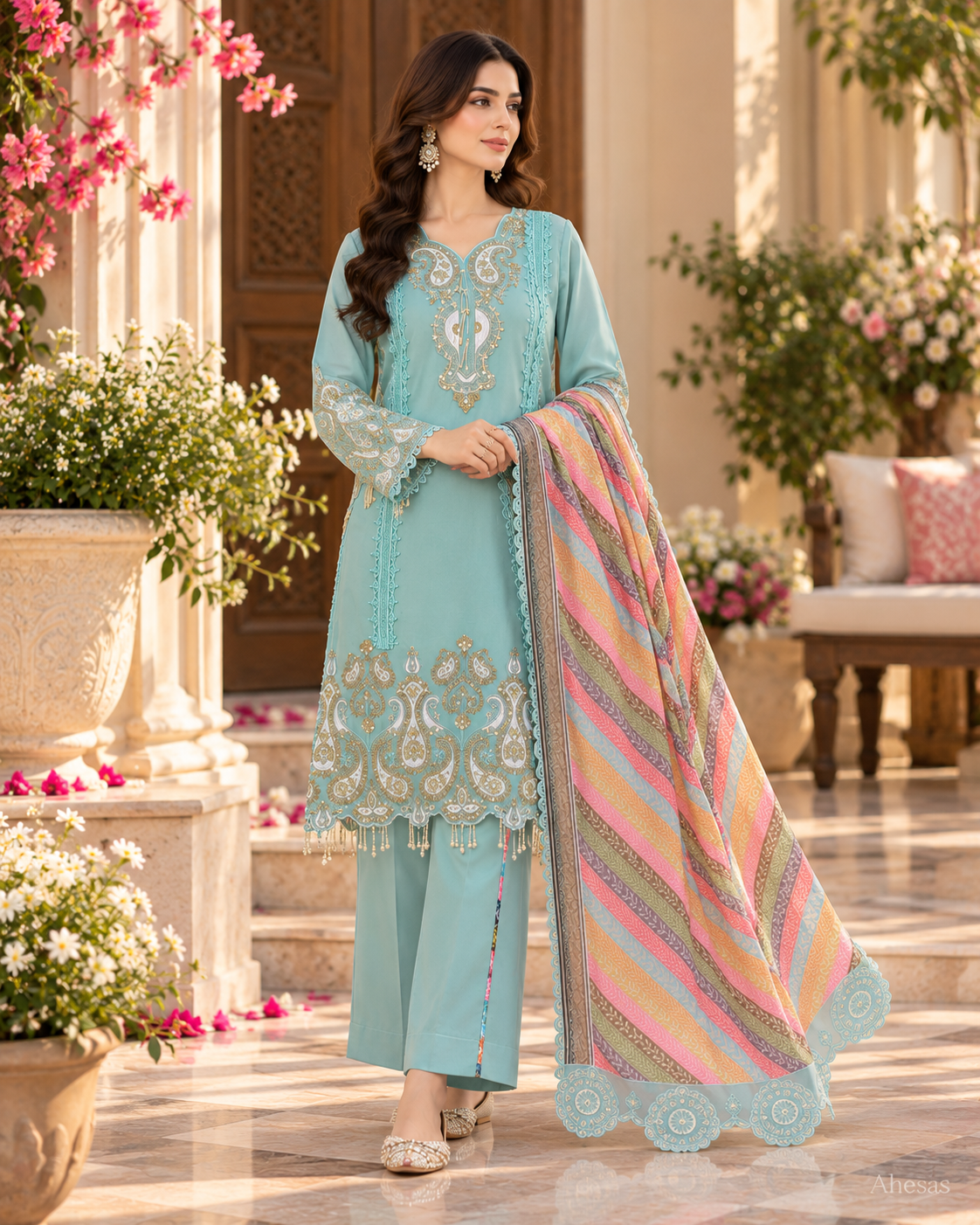 Soft Pastel Blue Sequins Embroidered Pakistani Kurta Set