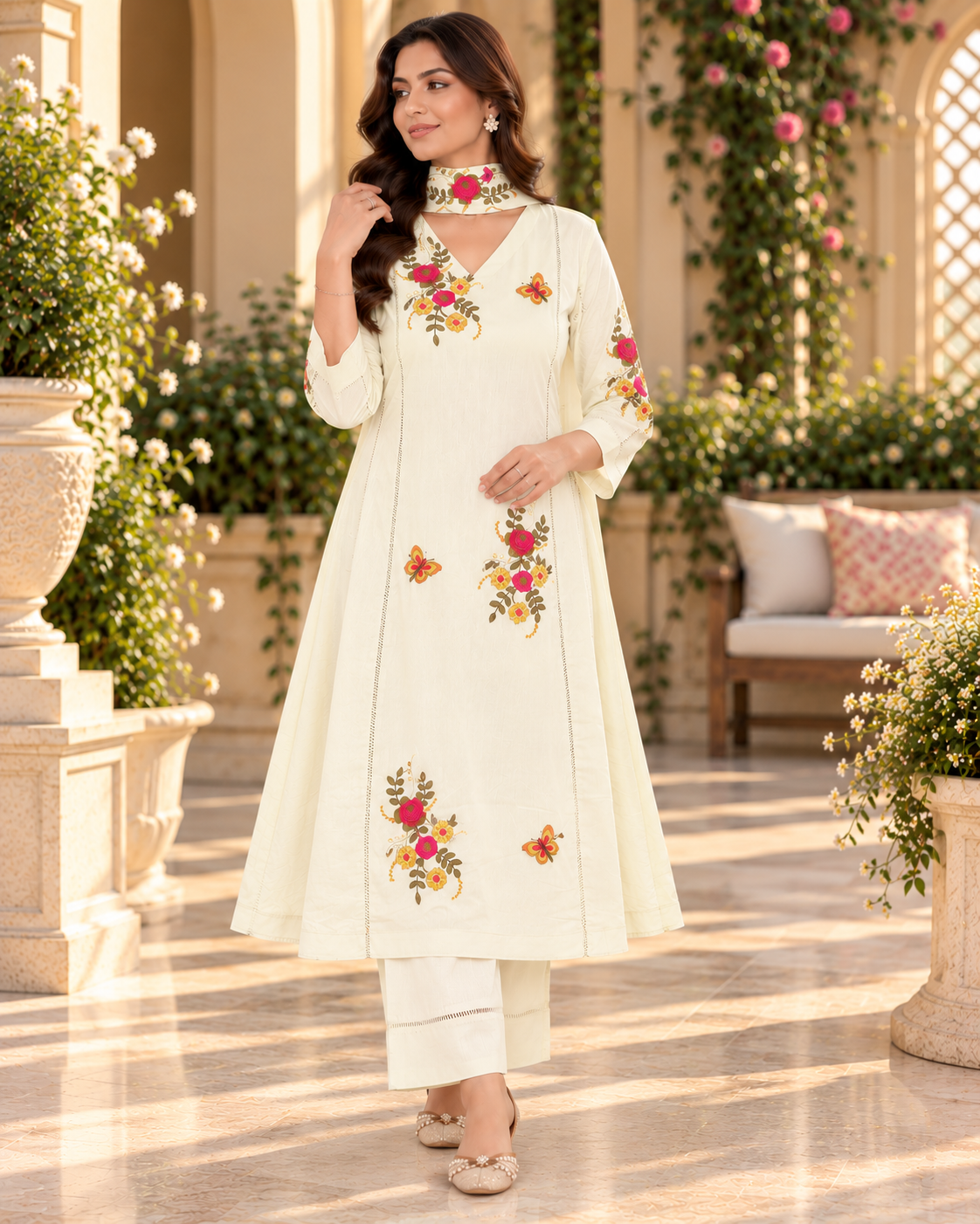 Off White Floral Embroidered A-Line Salwar Suit