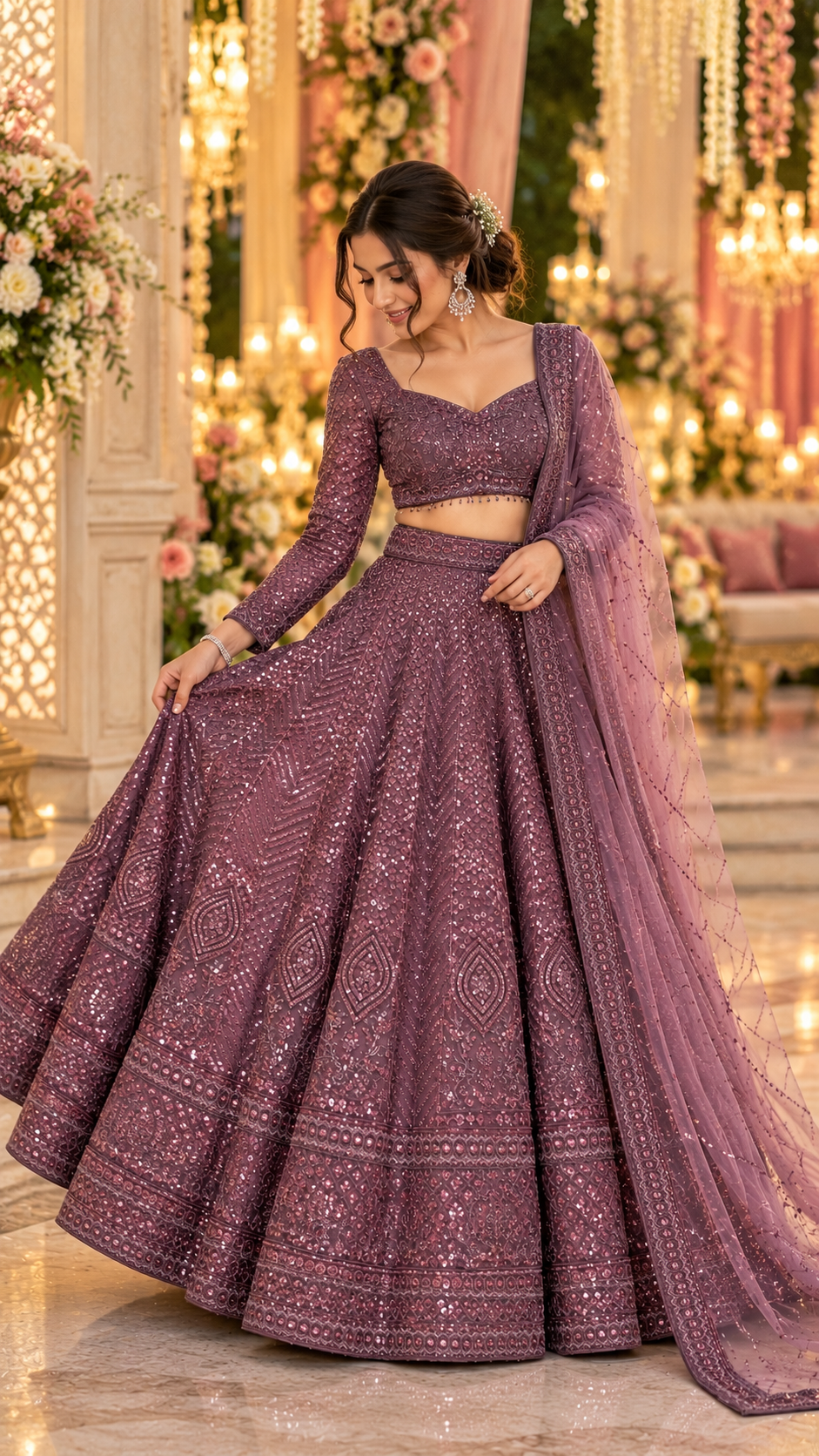 Dusty Plum Mauve Sequins Bridal Lehenga Choli with Net Dupatta