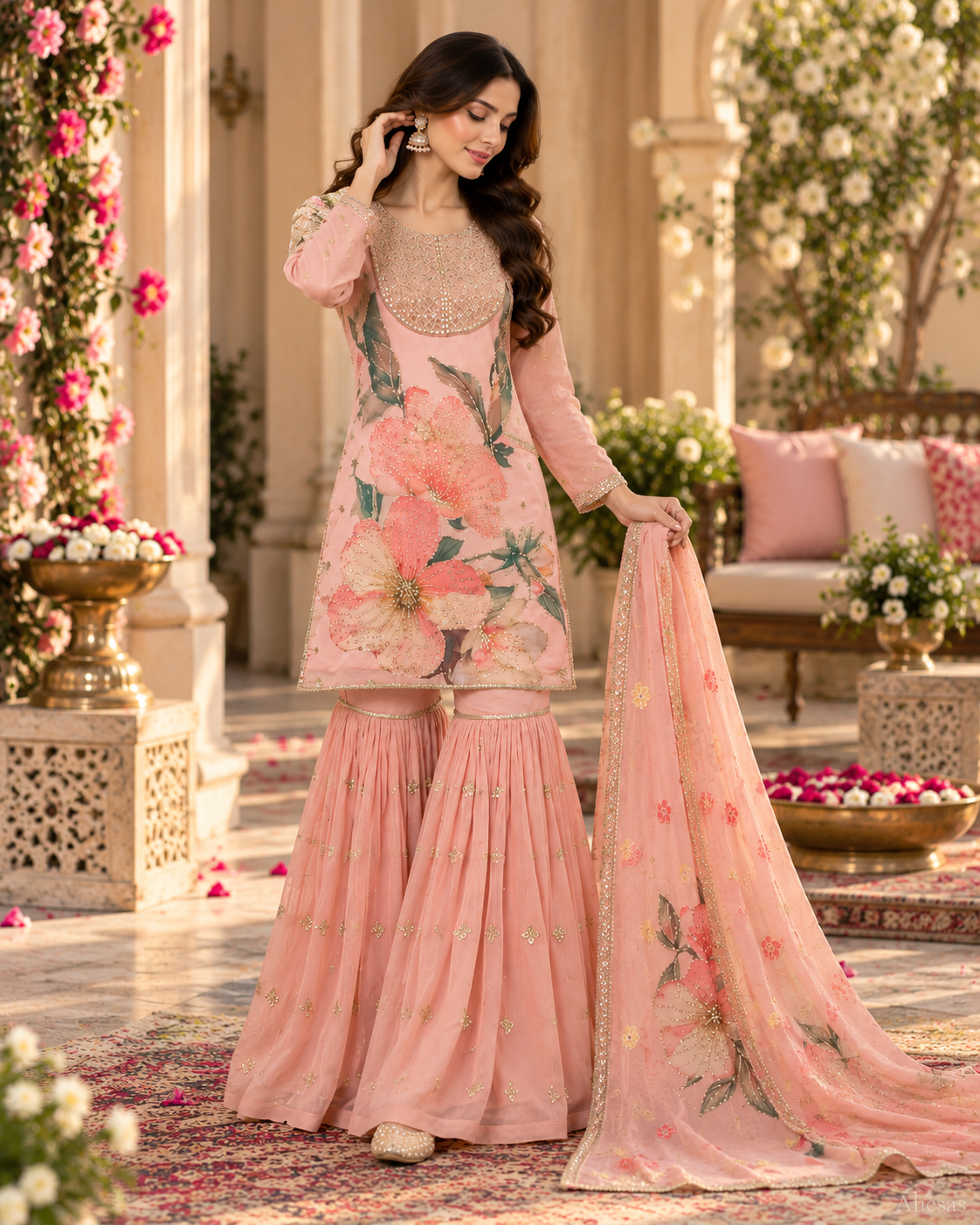 Peach Pink Floral Printed Sequins Sharara Suit