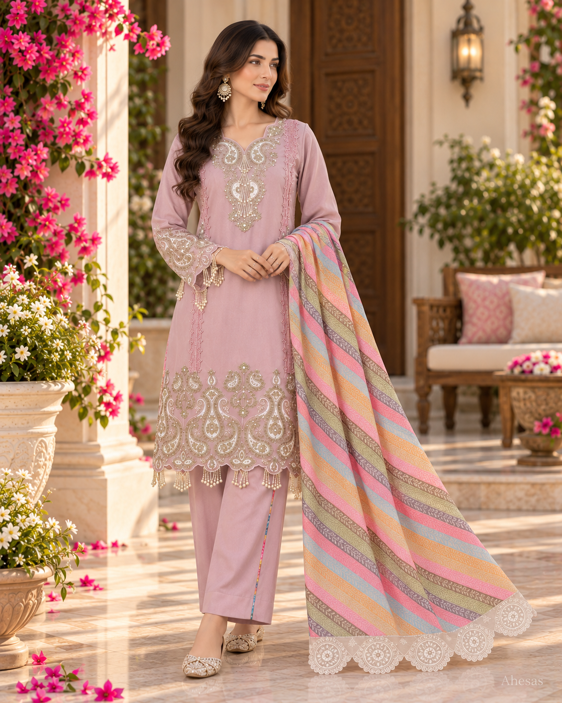 Dusty Pink Sequins Embroidered Pakistani Kurta Set