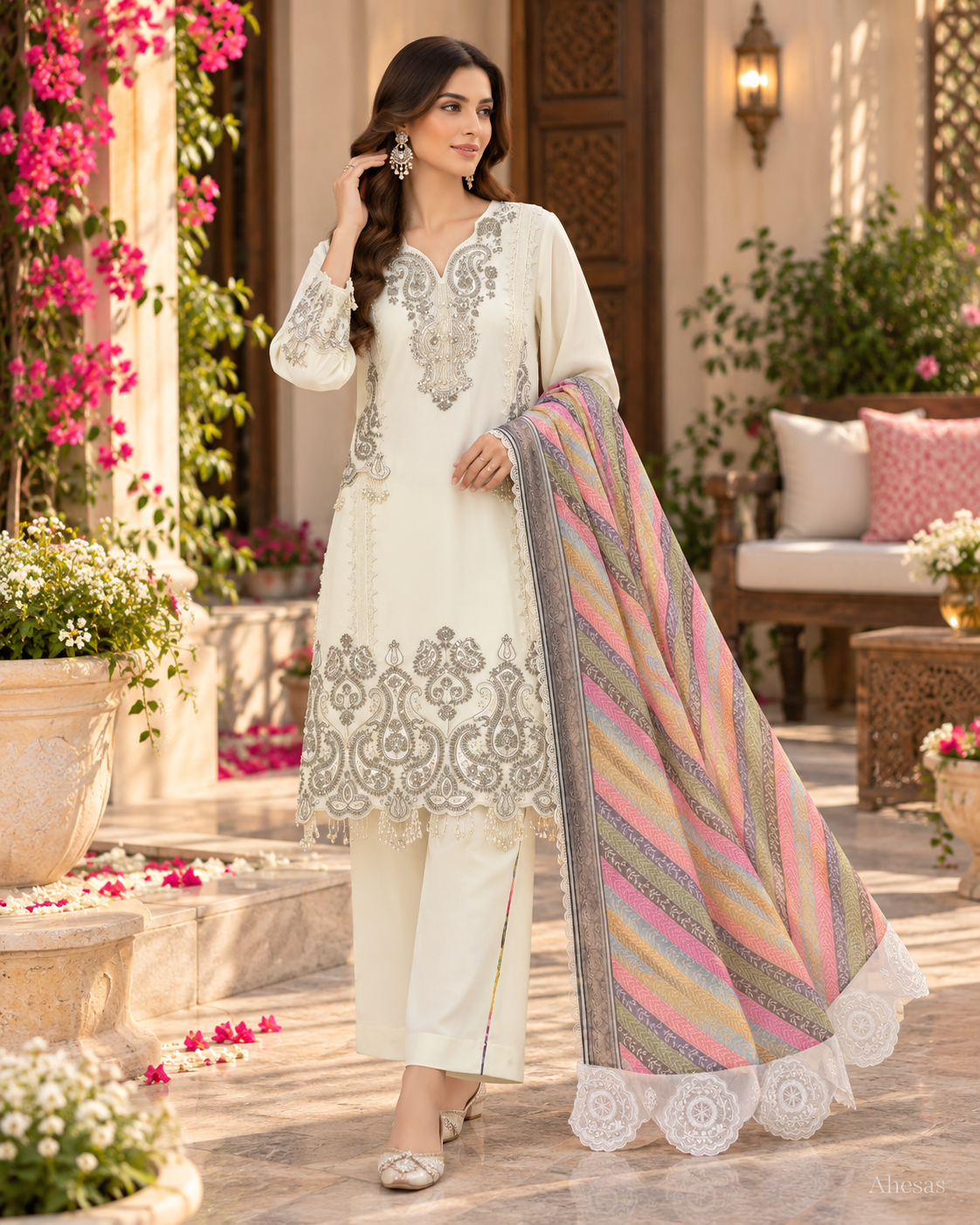 Ivory Sequins Embroidered Pakistani Kurta Set