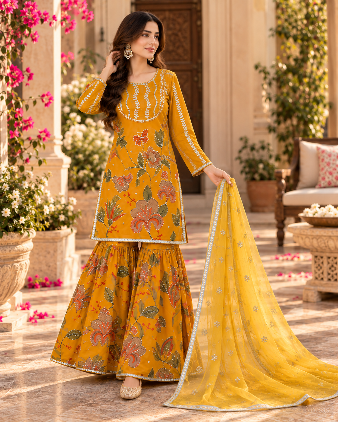 Mustard Yellow Floral Printed Sequins Sharara Suit