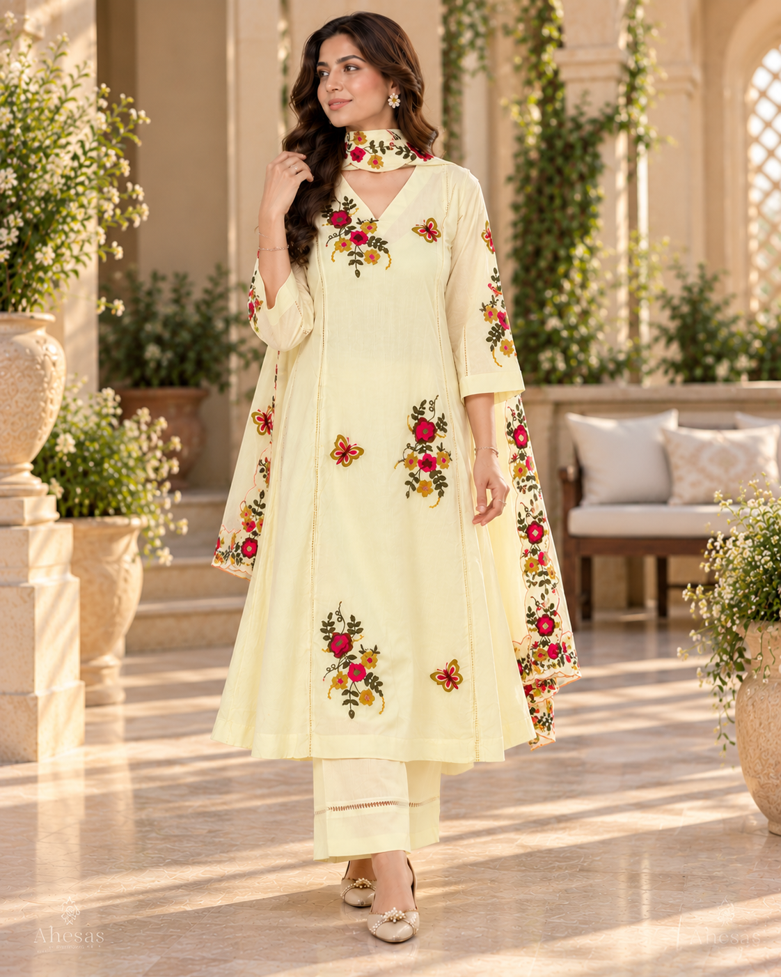 Buttercream Yellow Floral Embroidered A-Line Salwar Suit