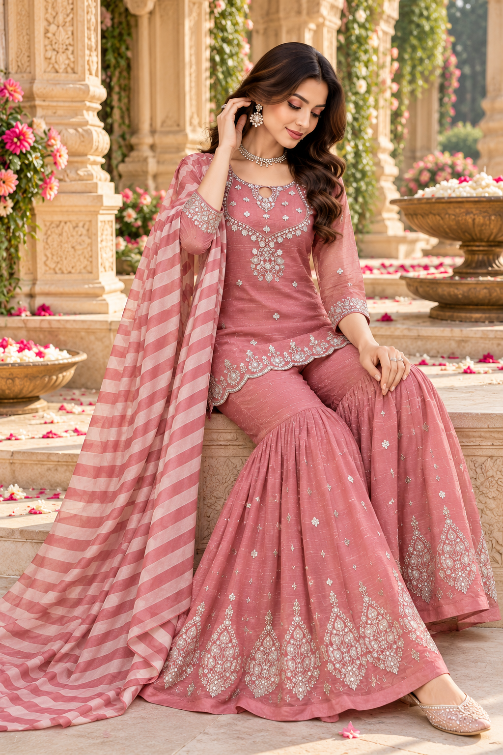 Dusty Rose Pink Silver Embroidered Sharara Suit with Striped Dupatta