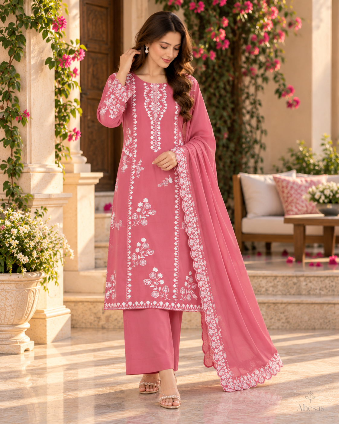 Dusty Rose Floral Embroidered Pakistani Salwar Suit