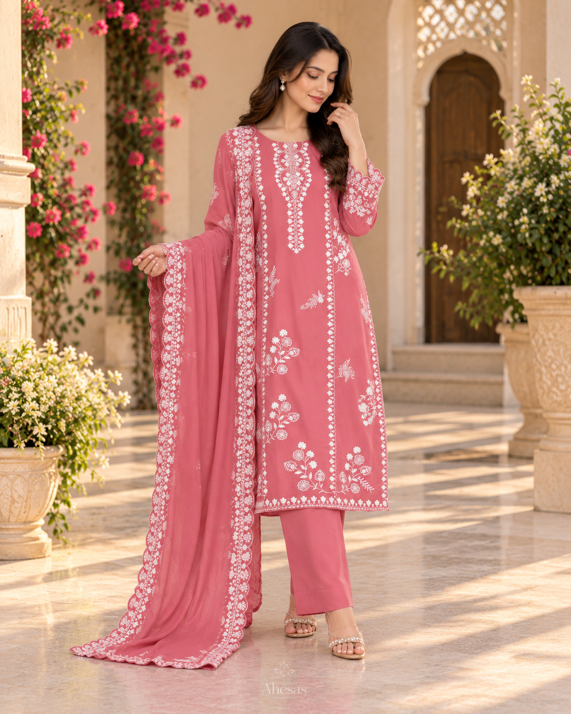 Dusty Rose Floral Embroidered Pakistani Salwar Suit