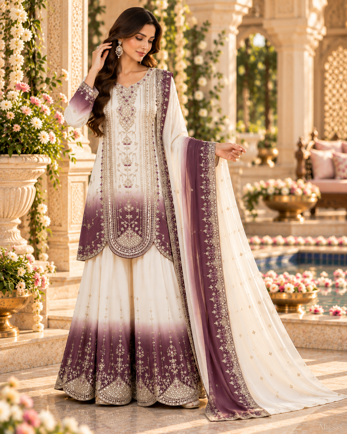 White & Dusty Mauve Ombre Sequence Embroidered Palazzo Suit