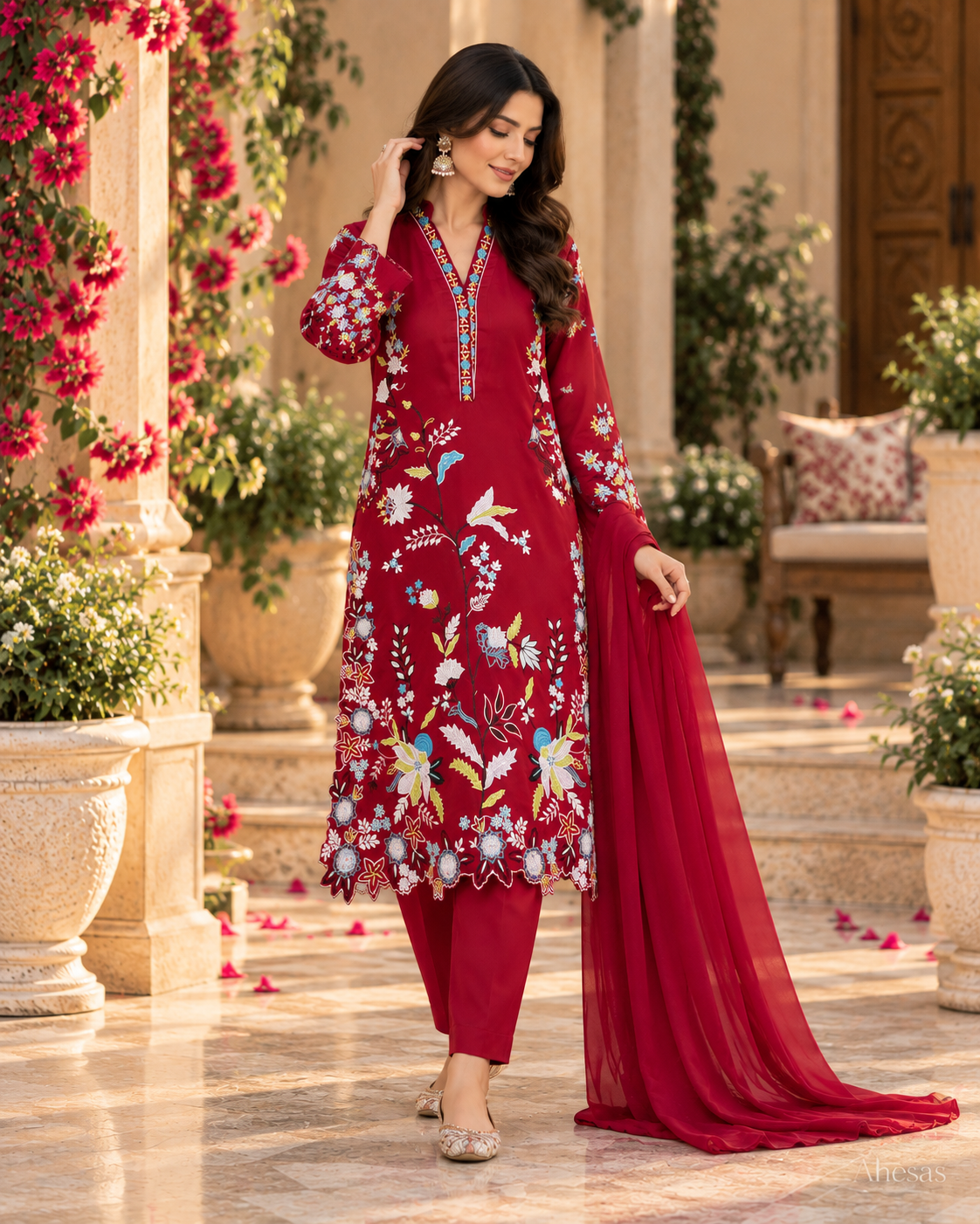Deep Red Embroidered Pakistani Salwar Suit