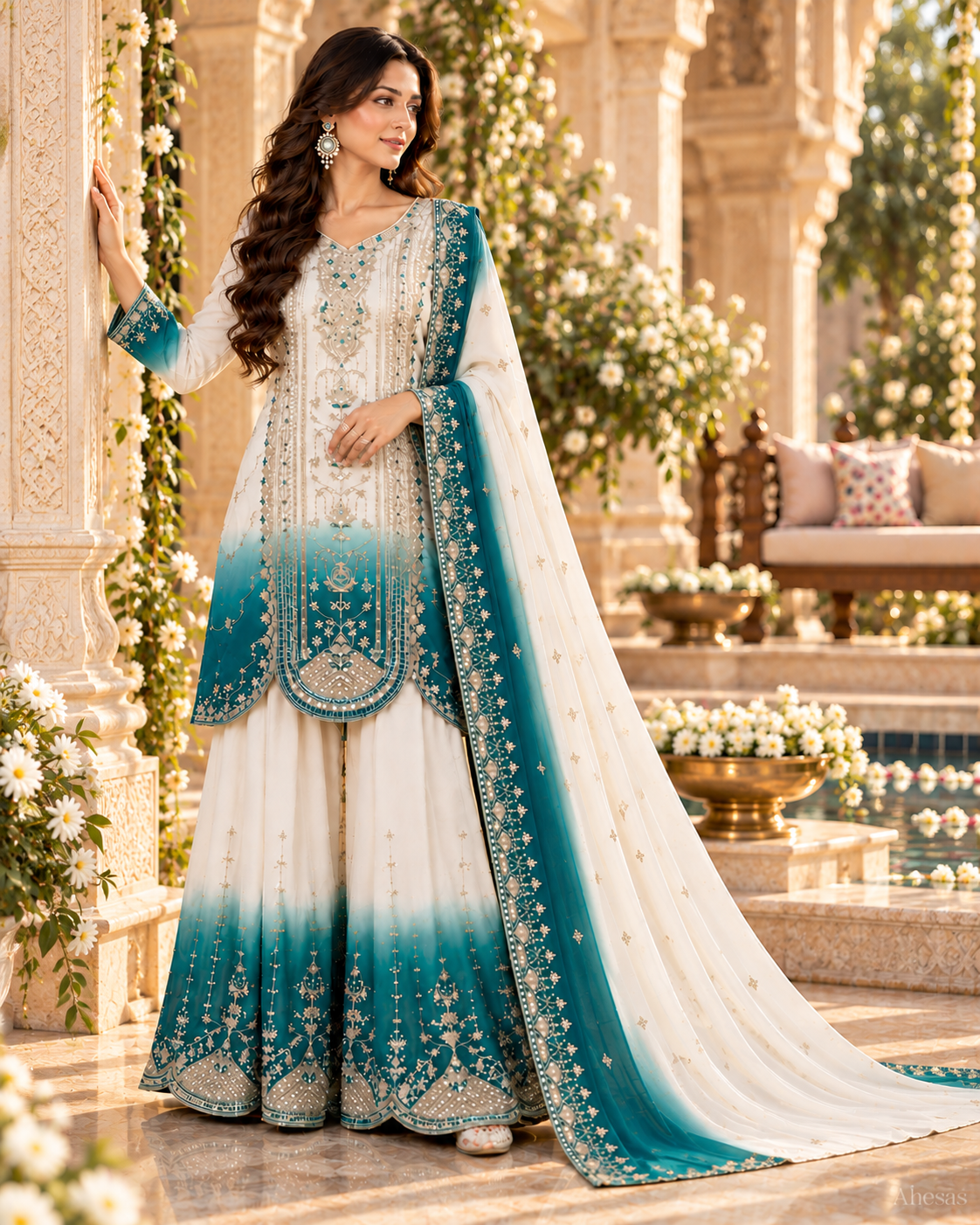 White & Emerald Sequence Embroidered Palazzo Suit