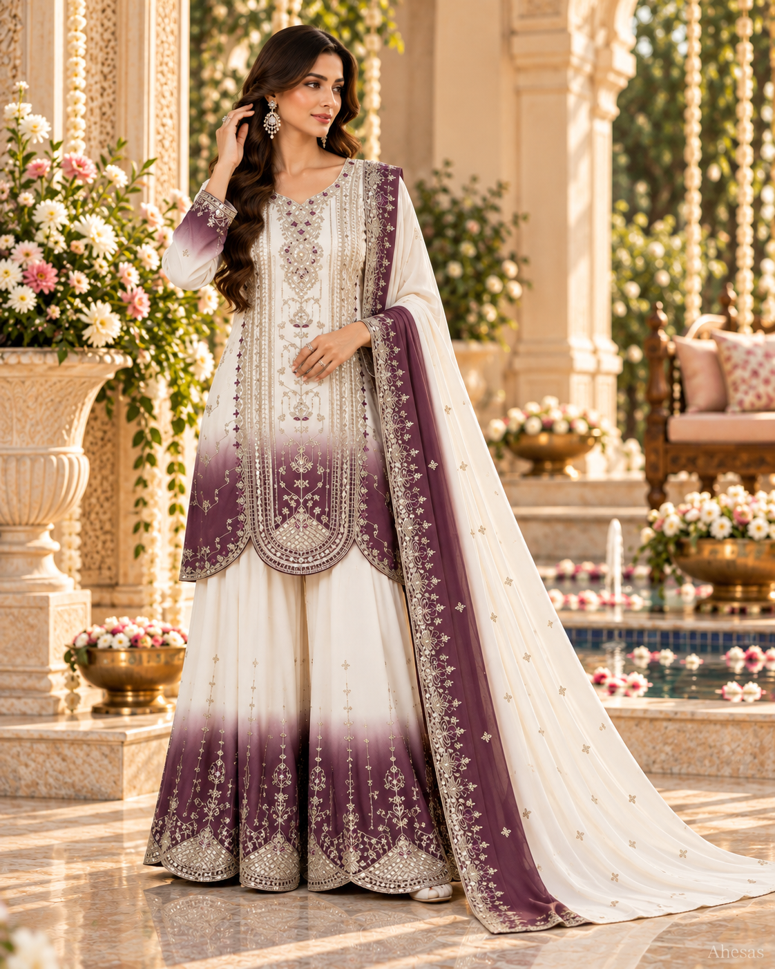 White & Dusty Mauve Ombre Sequence Embroidered Palazzo Suit