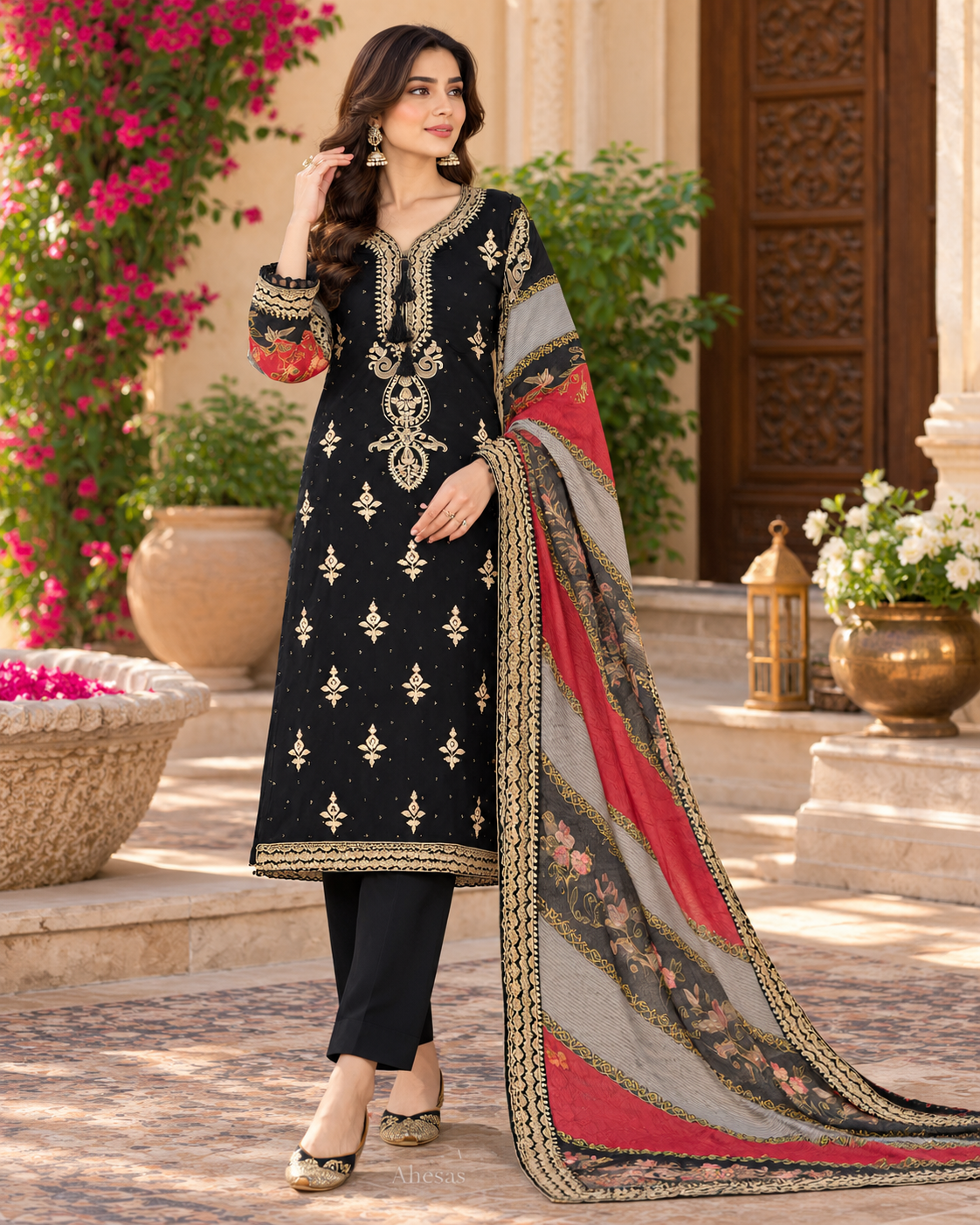 Black Embroidered Pakistani Salwar Suit with Printed Dupatta