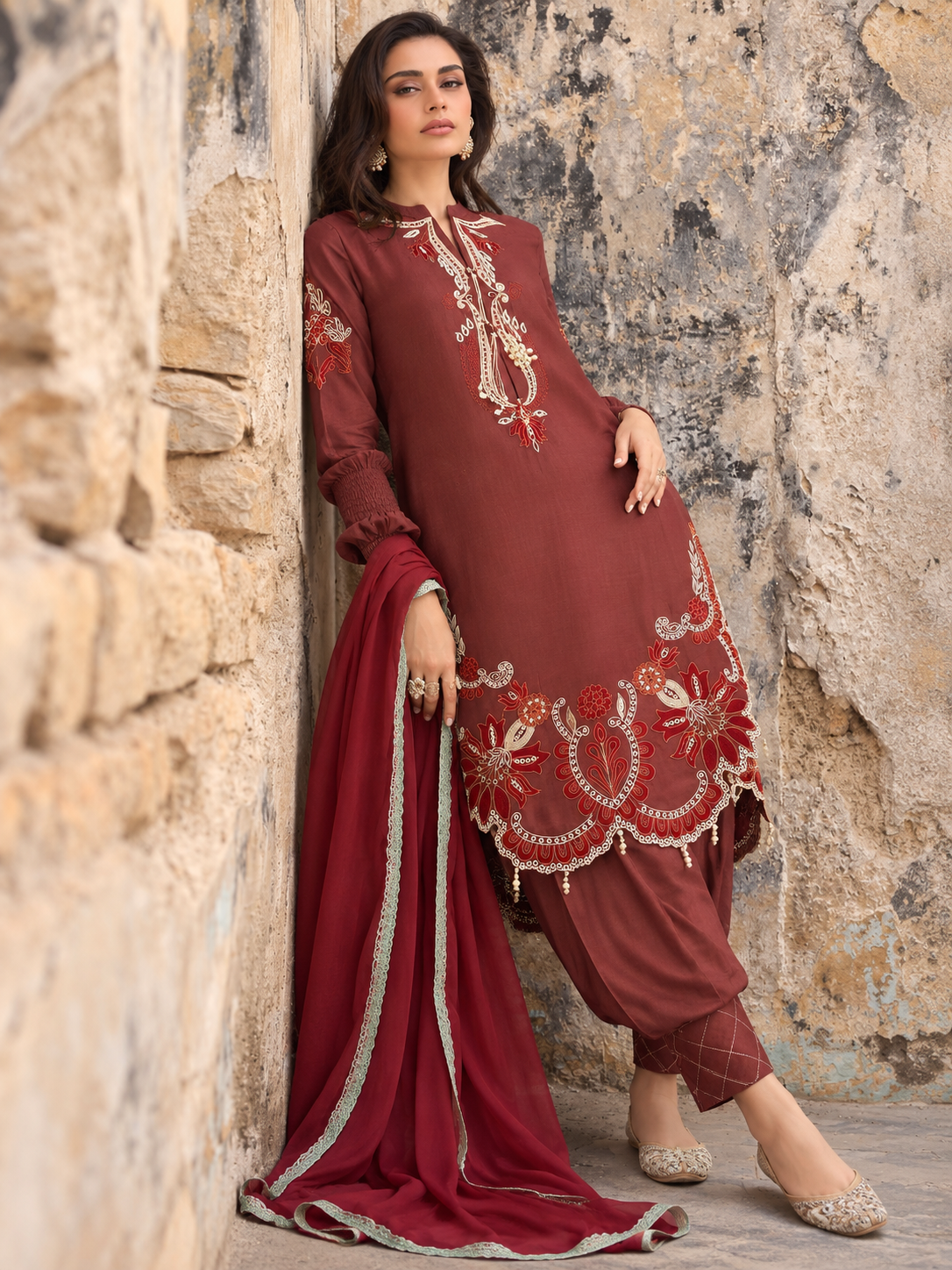 Dusty Rust Maroon Embroidered Patiyala Salwar Suit