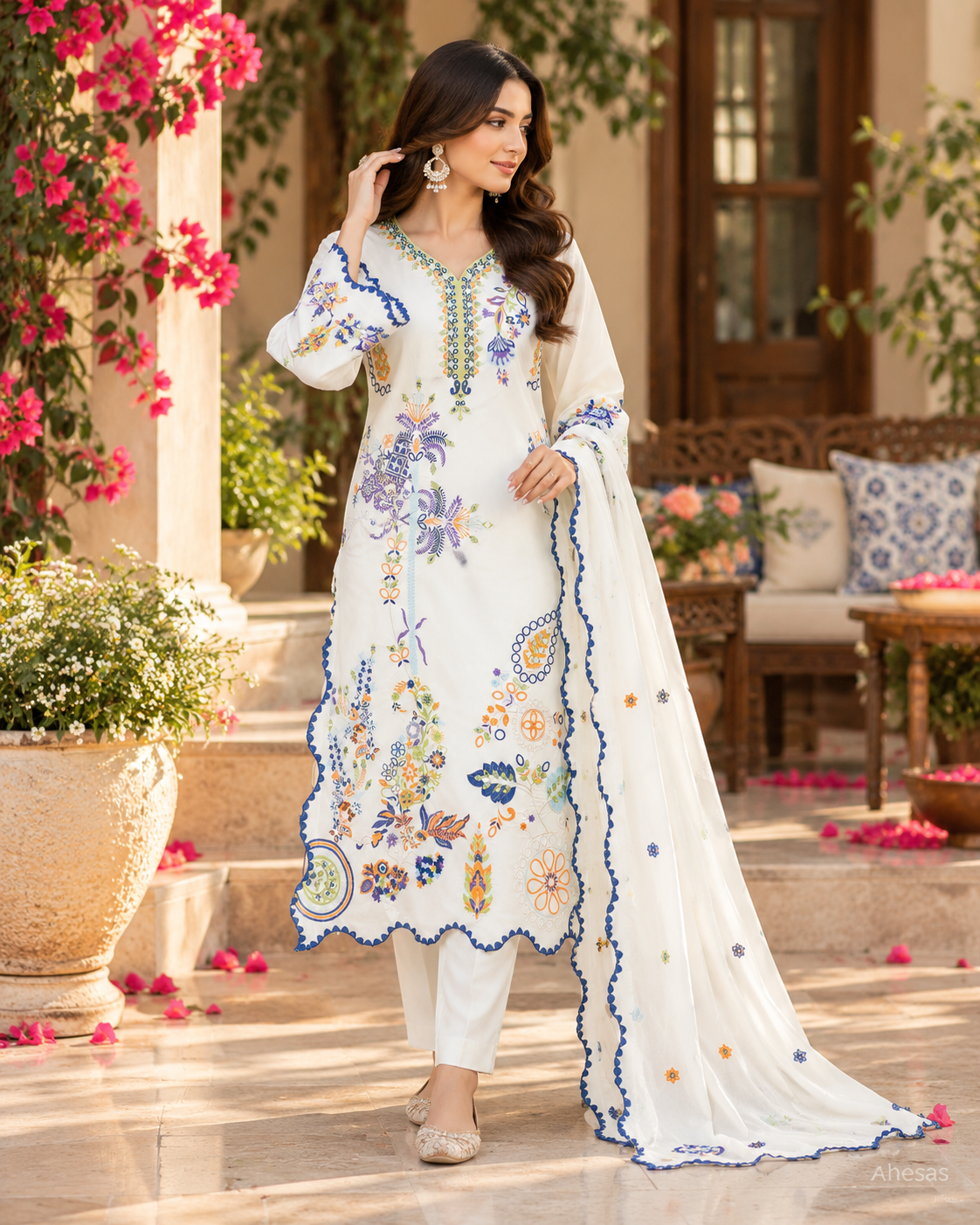 White Embroidered Sequins Pakistani Salwar Suit