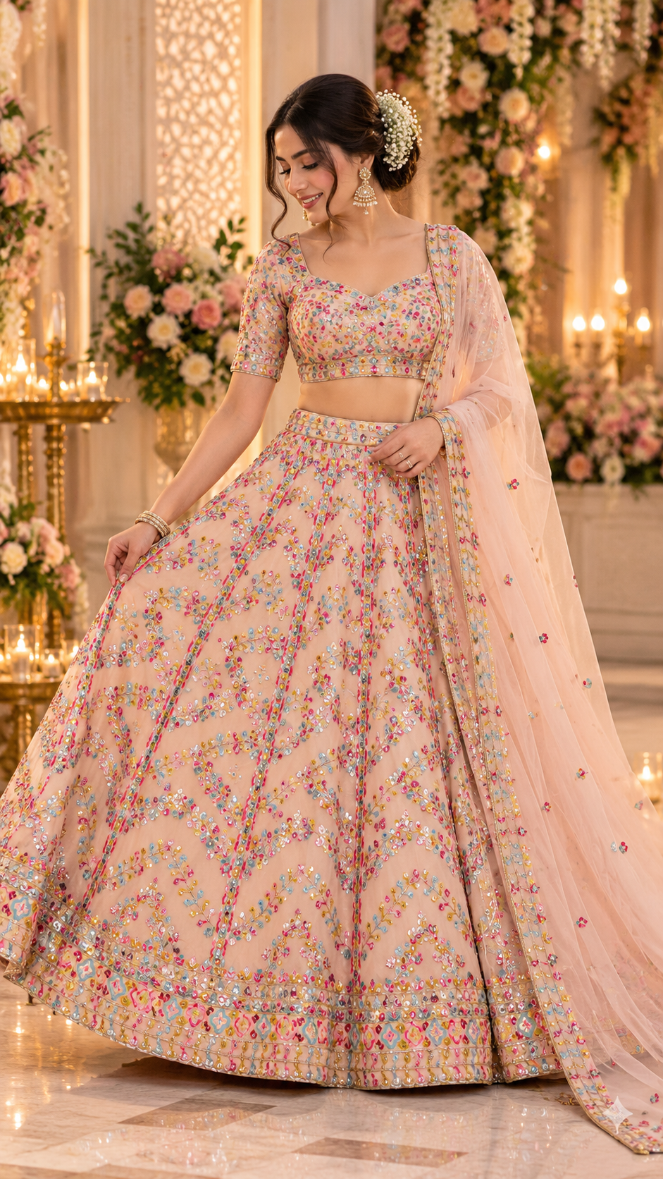 Peach Multicolor Paper Mirror Work Embroidered Lehenga Choli