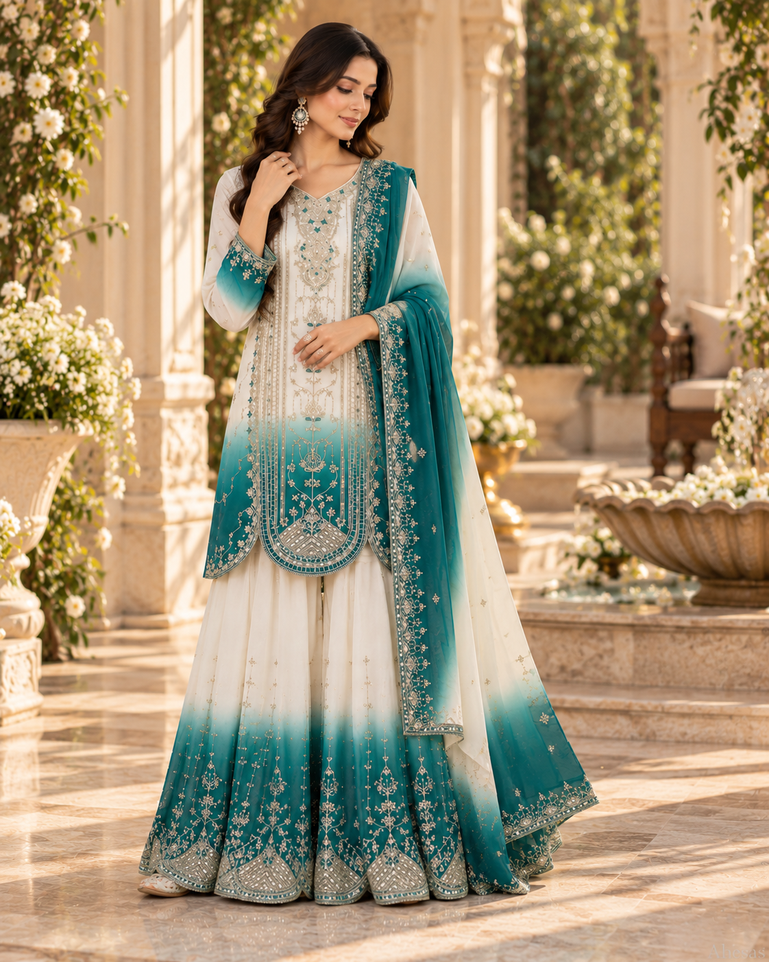 White & Emerald Sequence Embroidered Palazzo Suit