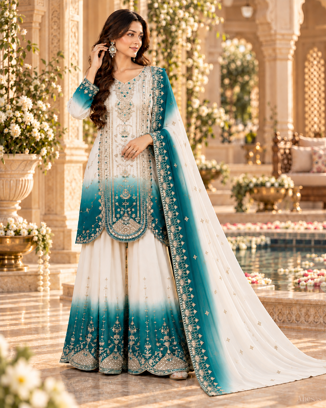 White & Emerald Sequence Embroidered Palazzo Suit