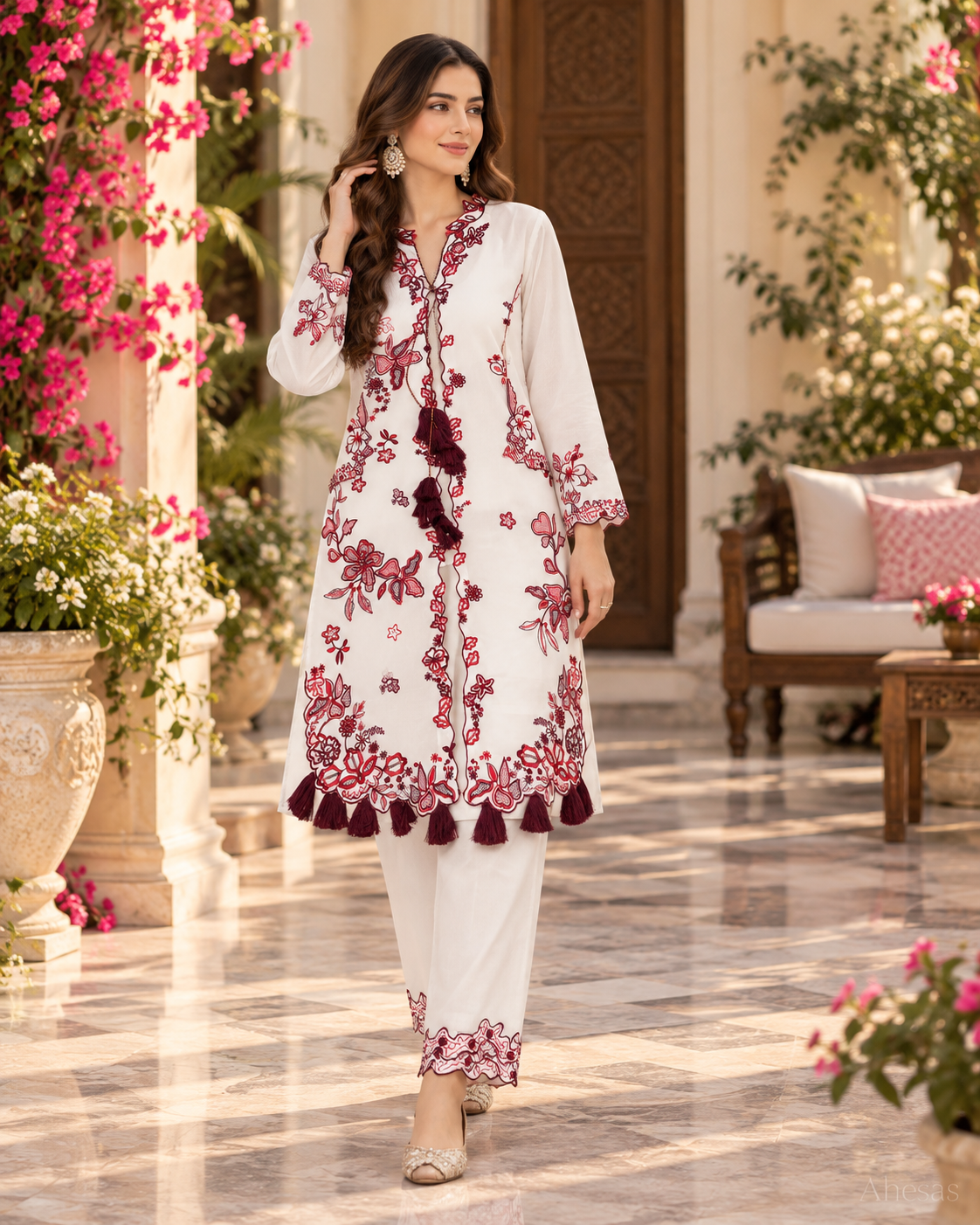 White & Maroon Floral Embroidered Pakistani Suit