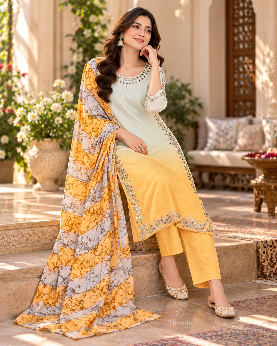 Lemon Ivory & Golden Yellow Ombre Embellished 3-Piece Suit