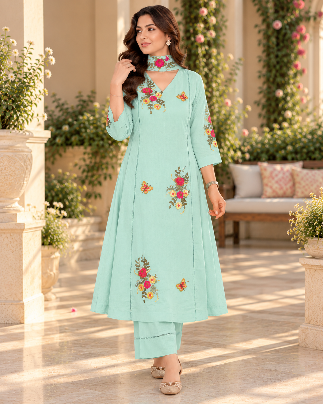Mint Aqua Floral Embroidered A-Line Salwar Suit
